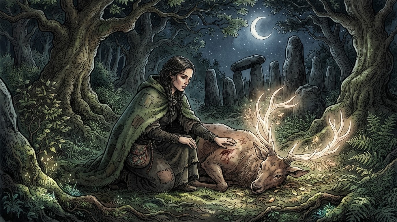 A traveller with a lantern in a moonlit forest
