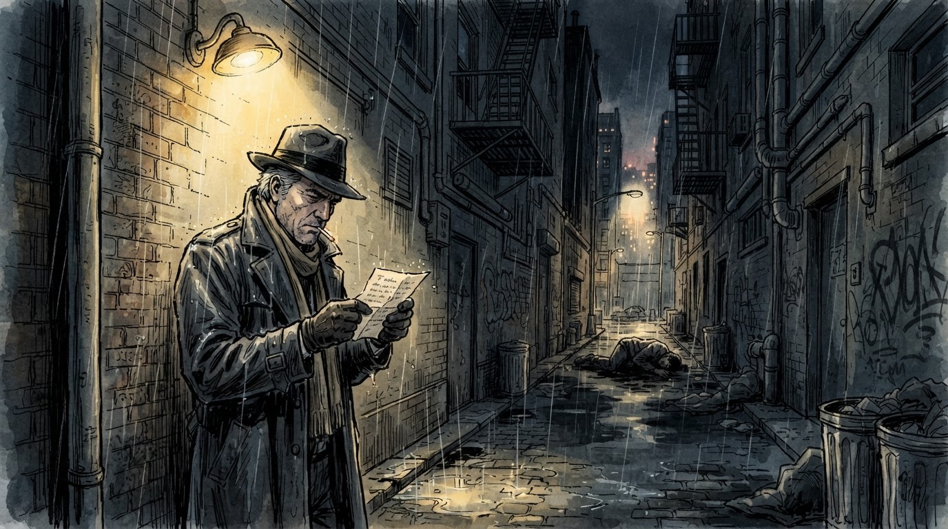 A figure reading a letter by lamplight